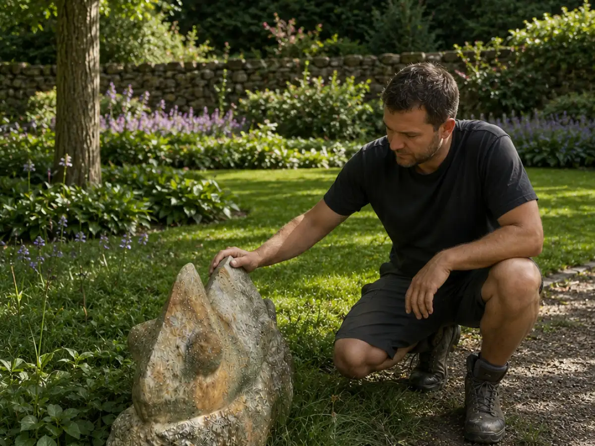 Zahradní socha chameleóna z přírodního pískovce – masivní dekorace 125 kg