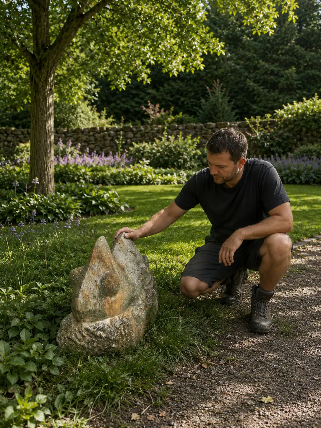 Zahradní socha chameleóna z přírodního pískovce – masivní dekorace 125 kg